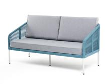 Диван 4SIS "Канны" диван 2-местный плетеный из роупа, каркас алюминий светло-серый (RAL7035) шагрень, роуп бирюзовый круглый, ткань светло-серая арт. KAN-S-2-001 RAL7035 SH blue(H-gray)