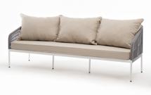 Диван 4SIS "Канны" диван 3-местный плетеный из роупа, каркас алюминий белый шагрень, роуп светло-серый круглый, ткань бежевая арт. KAN-S-3-001 W SH H-grey(beige)