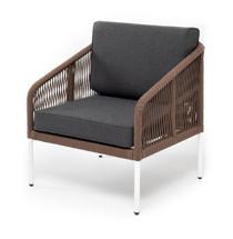 Кресло 4SIS "Канны" кресло плетеное из роупа, каркас алюминий белый, роуп коричневый круглый, ткань серая арт. KAN-A-001 W brown(gray)