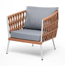 Кресло 4SIS "Диего" кресло плетеное из роупа, каркас алюминий светло-серый (RAL7035) шагрень, роуп оранжевый меланж круглый, ткань светло-серая арт. DIE-A-001 RAL7035 SH mel-orange(H-gray)