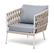Кресло 4SIS "Диего" кресло плетеное из роупа, каркас алюминий светло-серый (RAL7035) шагрень, роуп бежевый круглый, ткань светло-серая арт. DIE-A-001 RAL7035 SH beige(H-gray)