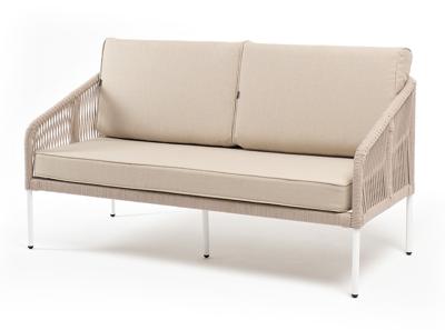 Диван 4SIS "Канны" диван 2-местный плетеный из роупа, каркас алюминий белый муар, роуп бежевый круглый, ткань бежевая 15052 арт. KAN-S-2-001 W Mua beige(beige15052)