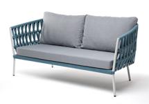 Диван 4SIS "Диего" диван 2-местный плетеный из роупа, каркас алюминий светло-серый (RAL7035) шагрень, роуп бирюзовый круглый, ткань светло-серая арт. DIE-S-2-001 RAL7035 SH blue(H-gray)