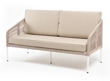 Диван 4SIS "Канны" диван 2-местный плетеный из роупа, каркас алюминий белый муар, роуп бежевый круглый, ткань бежевая 15052 арт. KAN-S-2-001 W Mua beige(beige15052)