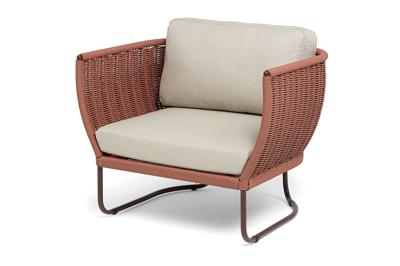 Кресло 4SIS "Фиджи" кресло плетеное из роупа, каркас алюминий коричневый (RAL8016) муар, роуп красный (8372) круглый tex, ткань Mossle бежевая арт. FID-A-002 RAL8016 Mua T-red8372(beige160)