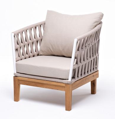 Кресло 4SIS "Диего" кресло плетеное из роупа, основание дуб, каркас алюминий белый шагрень, роуп бежевый круглый, ткань бежевая 15052 арт. DIE-A-T001 W SH beige(beige15052) OLD