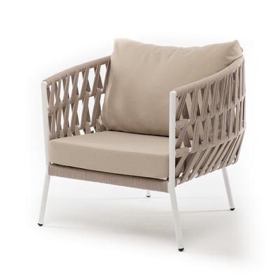 Кресло 4SIS "Диего" кресло плетеное из роупа, каркас алюминий белый муар, роуп бежевый круглый, ткань бежевая 052 арт. DIE-A-001 W Mua beige(beige052) OLD