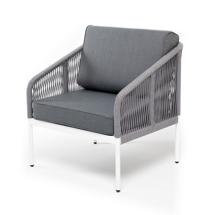 Кресло 4SIS "Канны" кресло плетеное из роупа, каркас алюминий белый шагрень, роуп светло-серый круглый, ткань серая арт. KAN-A-001 W SH H-grey(gray)