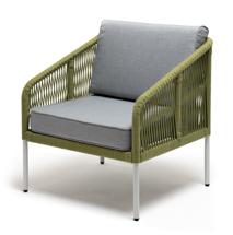 Кресло 4SIS "Канны" кресло плетеное из роупа, каркас алюминий светло-серый (RAL7035) шагрень, роуп салатовый меланж круглый, ткань светло-серая арт. KAN-A-001 RAL7035 SH mel-green(H-gray)