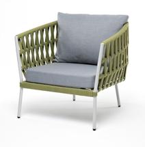 Кресло 4SIS "Диего" кресло плетеное из роупа, каркас алюминий светло-серый (RAL7035) шагрень, роуп салатовый меланж круглый, ткань светло-серая арт. DIE-A-001 RAL7035 SH green(H-gray)