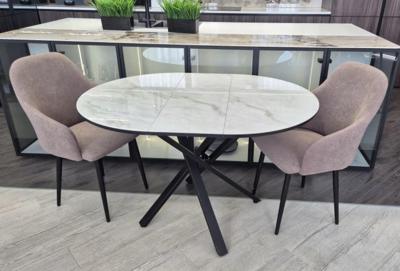 Стол М-СИТИ Стол СТЮАРТ D90 цвет БЕЛЫЙ МРАМОР С ПРОЖИЛКАМИ ЛАТТЕ, керамика / Черный каркас арт. 480M06328