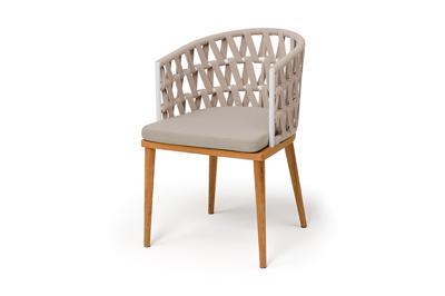 Стул 4SIS "Диего" стул плетеный из роупа, основание дуб каркас из стали белый муар, роуп бежевый круглый, ткань бежевая 052 арт. DIE-CH-T002 W Mua beige(beige052)