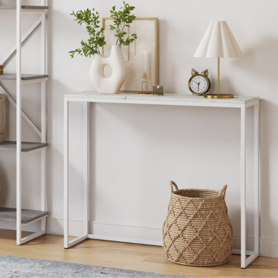 Консоль LoftyHome Стол консольный Мальборк Мрамор Сноу с белым основанием лофт арт. 1251799