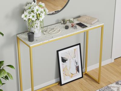 Консоль LoftyHome Стол консольный Мальборк Мрамор Сноу с золотым основанием лофт арт. 1627984