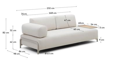 Диван La Forma (ех Julia Grup) Compo 3-х местный диван из бежевой синели и серого металла с большим подносом 232 см арт. 178064