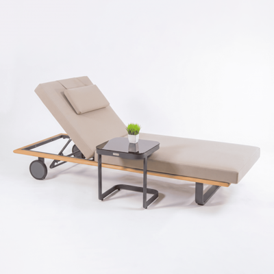 Мебель IDEAL PATIO Шезлонг КОСТА Т на колесах, каркас серый алюминий, тик, бежевый матрас и подушка арт. CST.3012000T
