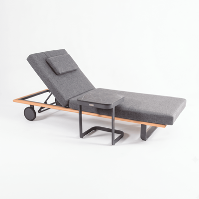 Мебель IDEAL PATIO Шезлонг КОСТА Т на колесах, каркас серый алюминий, тик, матрас и подушка маренго арт. CST.3017000T