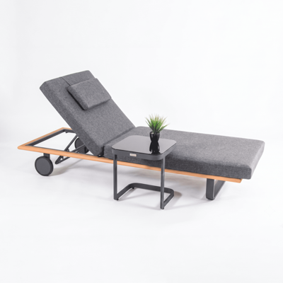 Мебель IDEAL PATIO Шезлонг КОСТА Т на колесах, каркас серый алюминий, тик, матрас и подушка маренго арт. CST.3017000T