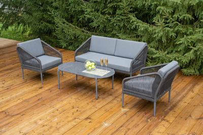 Лаунж зона 4SIS "Канны" лаунж-зона 4-местная из роупа со столиком "Диего" цвета "серый гранит", роуп темно-серый круглый, ткань темно-серая арт. KANS2C2T-4-SET-C2